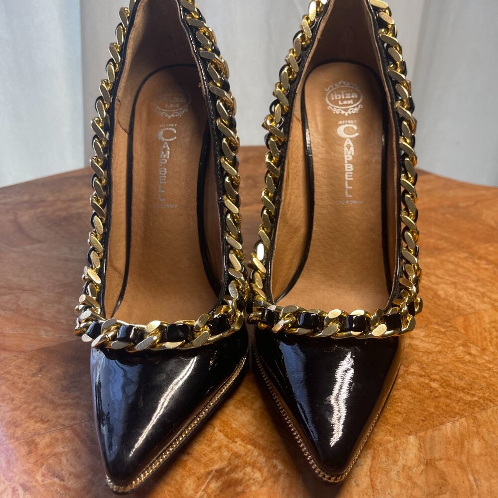 Jeffrey Campbell Ibiza Last black Patent Stiletto with Gold Chain